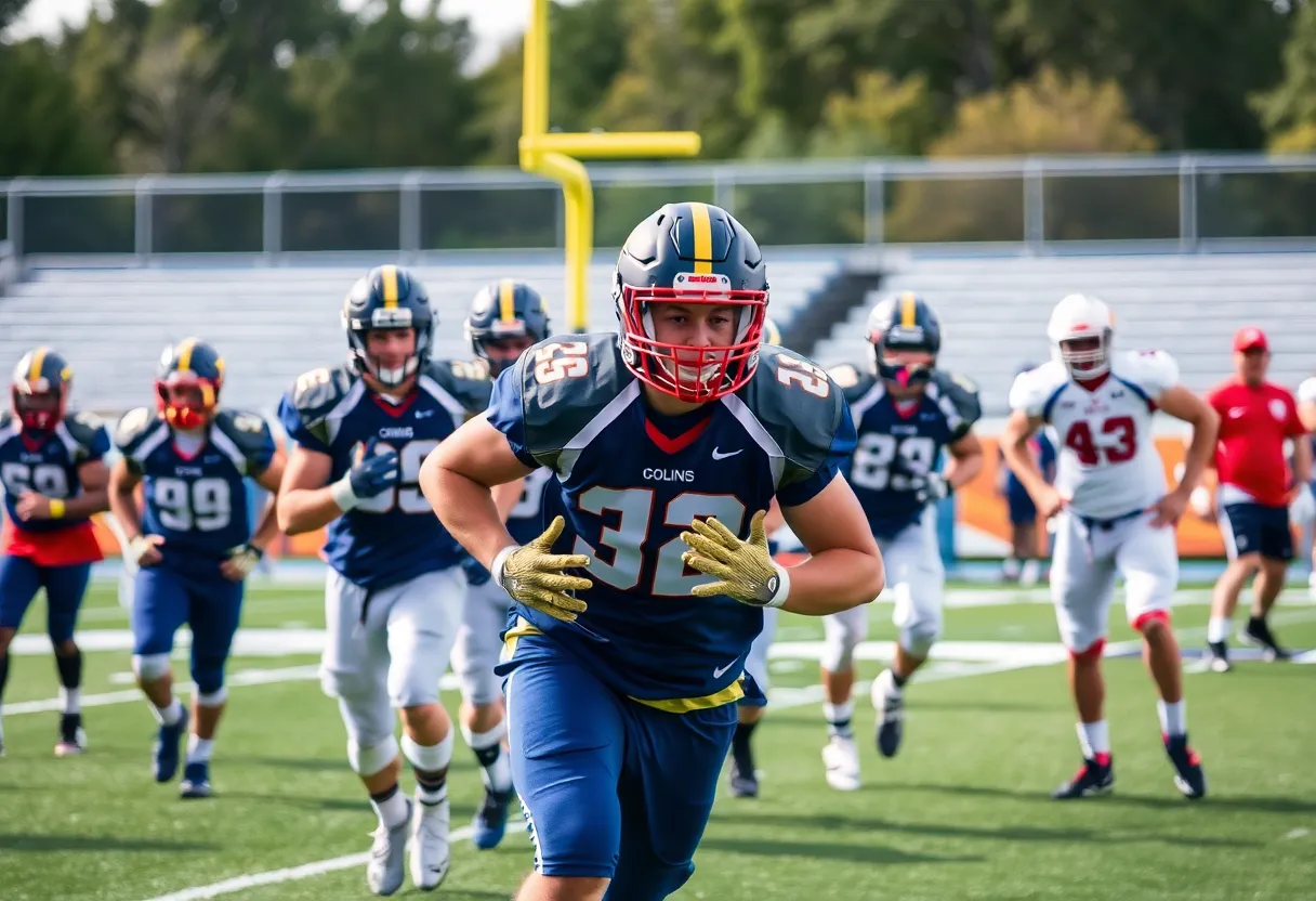 Football players in training, emphasizing teamwork and recruitment in college football