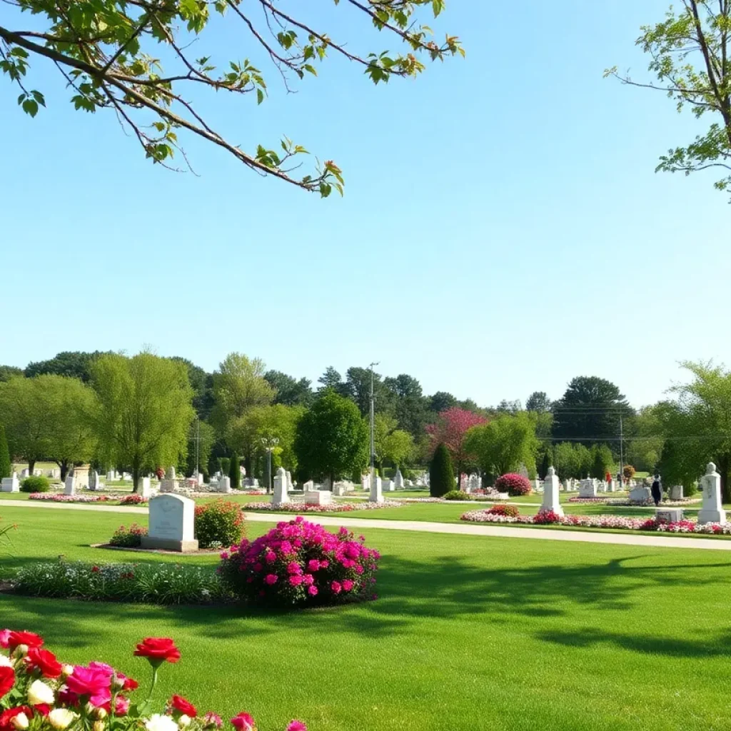 A peaceful memorial landscape with flowers and trees.
