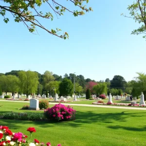 A peaceful memorial landscape with flowers and trees.