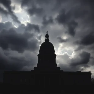 Silhouette of Minnesota Capitol with dark clouds symbolizing unrest