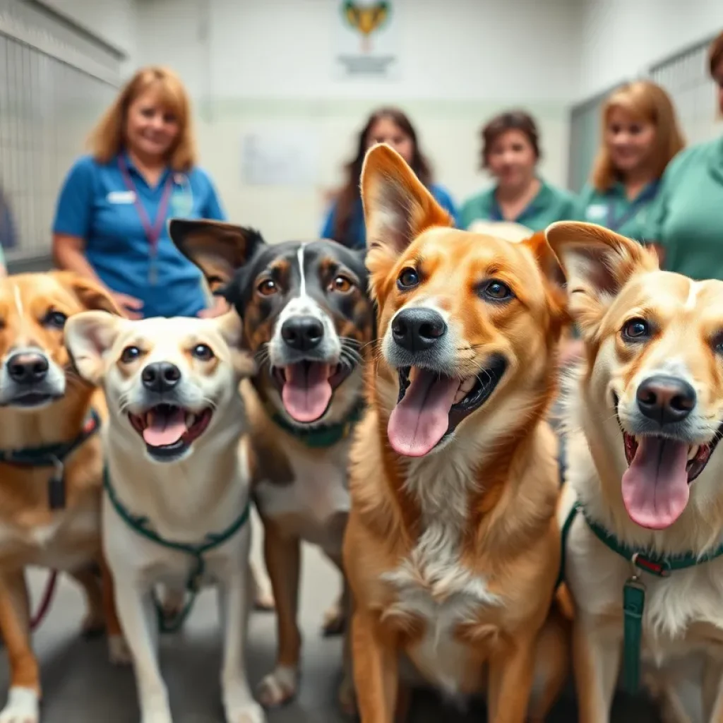 A group of rescued dogs receiving care in a shelter.