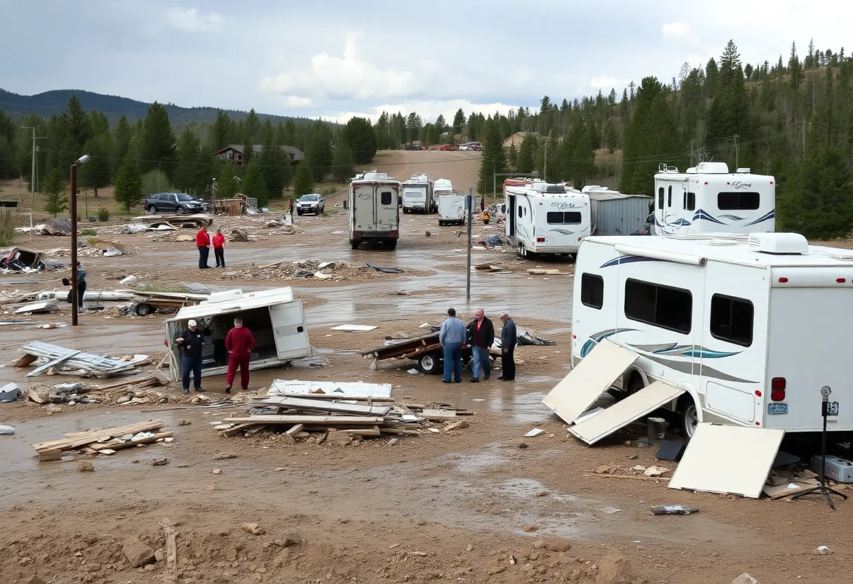 Severe flood damage in Ruidoso, New Mexico with scattered debris and emergency responders.