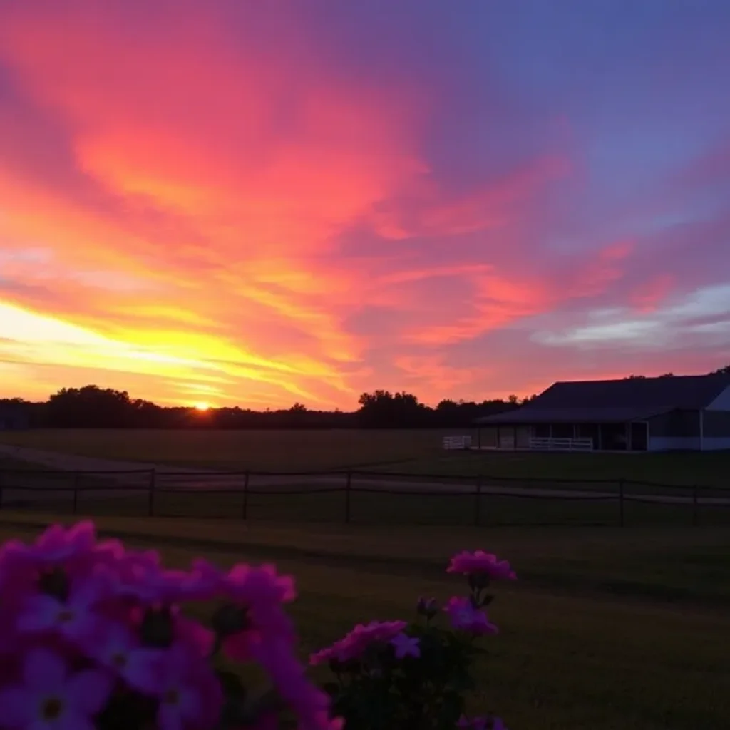 Vibrant sunset over LushAcres Farm in Laurens County