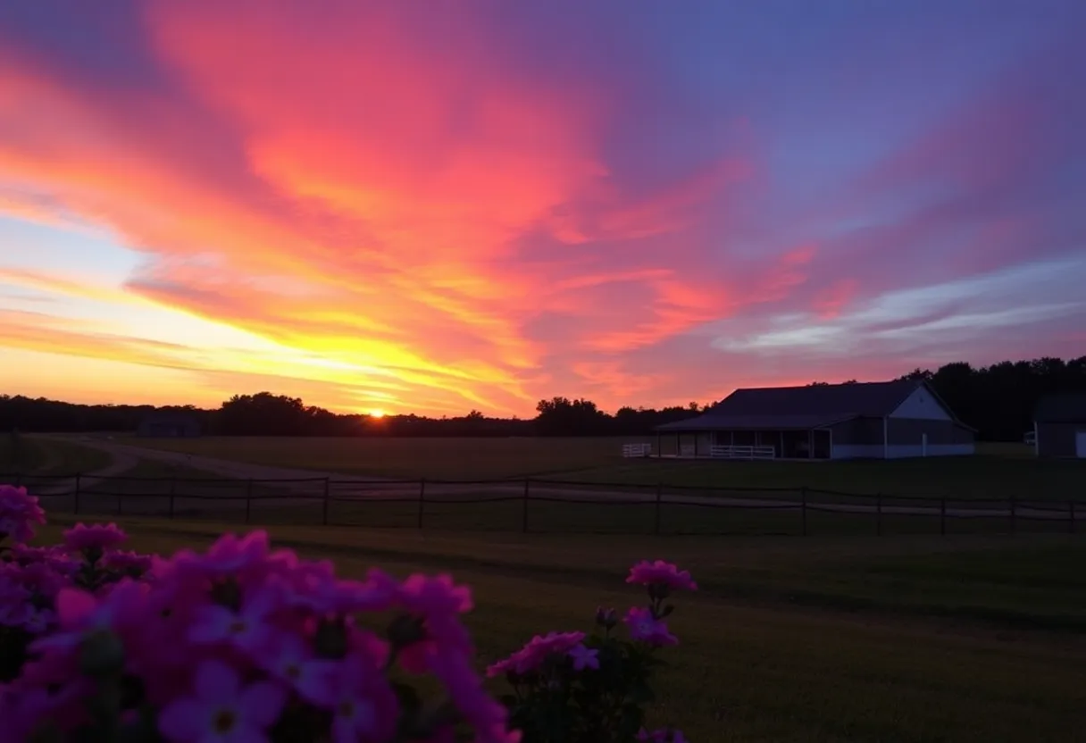 Vibrant sunset over LushAcres Farm in Laurens County