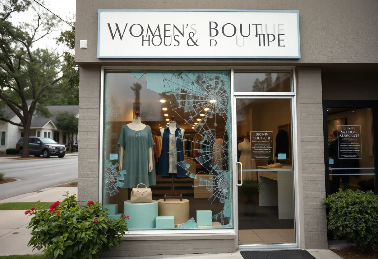 Front view of a women's boutique with broken glass.