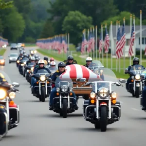 Procession of Patriot Guard Riders escorting a casket