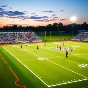 Football teams practicing on a field with fans cheering