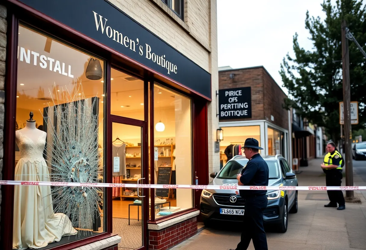 Broken window at a women's boutique in Clinton SC