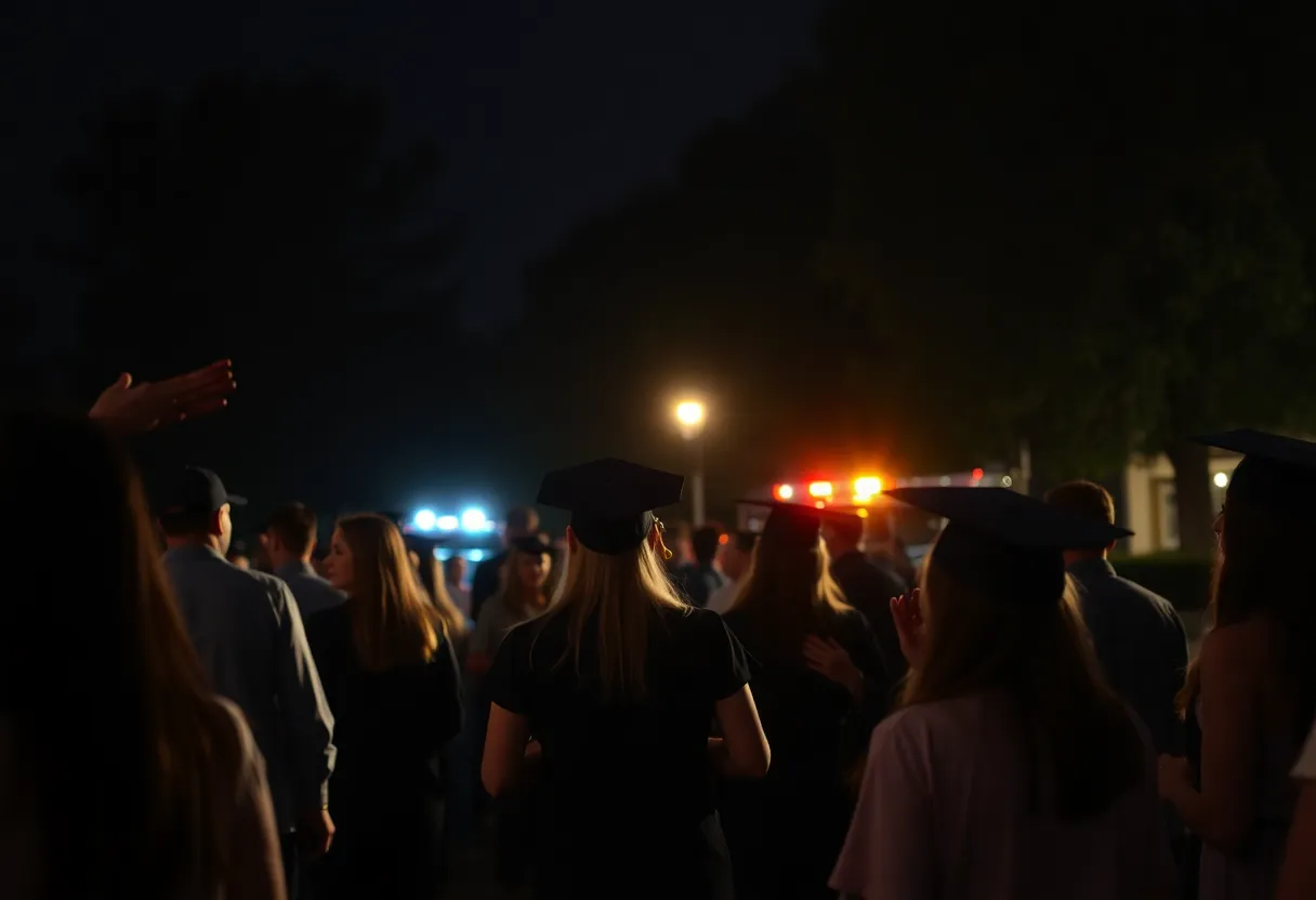 Scene of a graduation party with emergency lights in the background