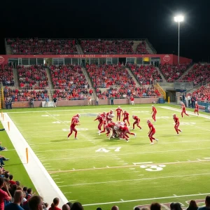 Clinton Red Devils players in action against Laurens Raiders during a high school football game.