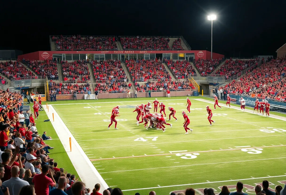 Clinton Red Devils players in action against Laurens Raiders during a high school football game.