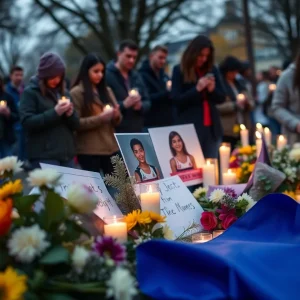 Community members holding candles in a vigil for Zay Hurley and Kaden Moses