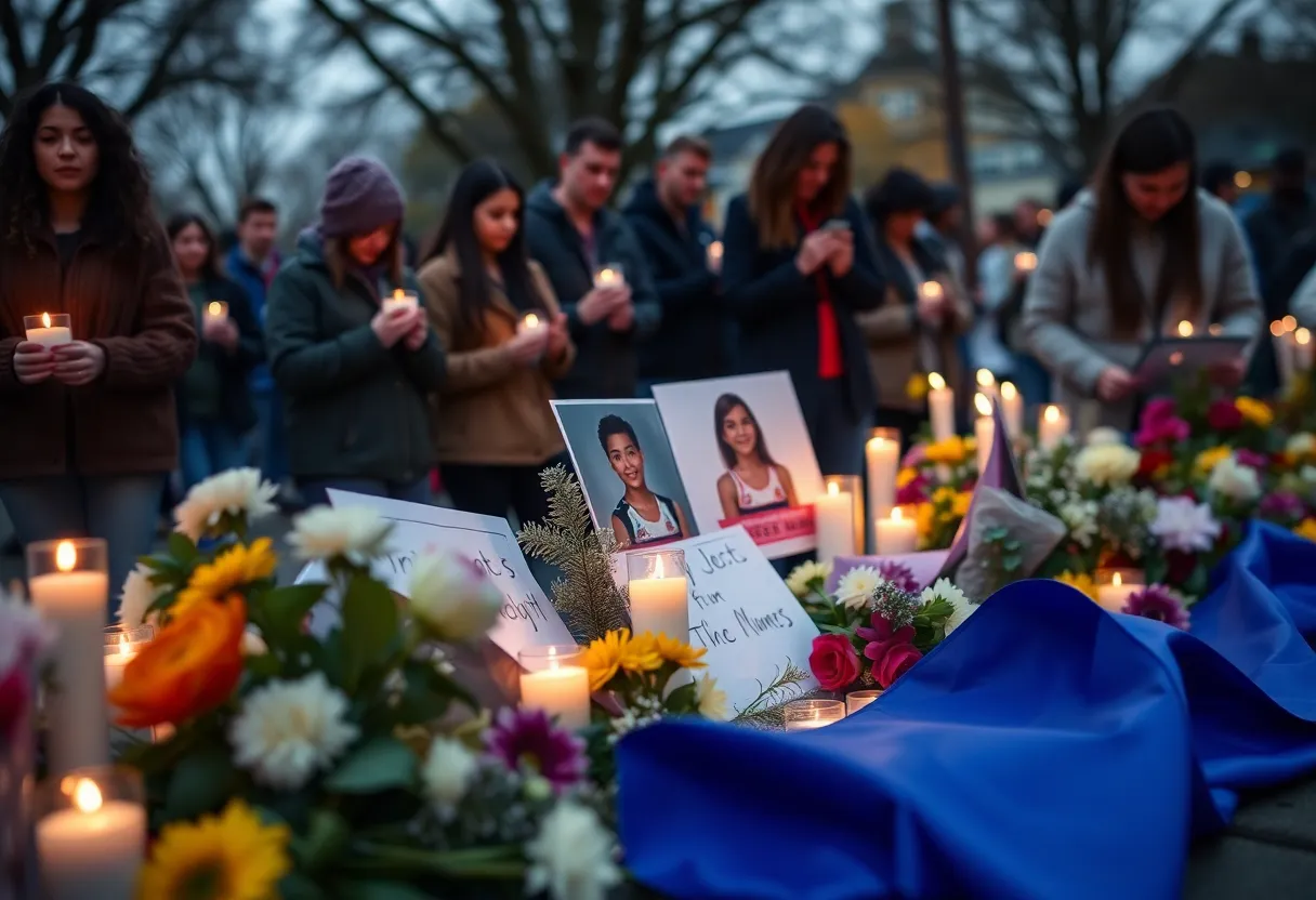 Community members holding candles in a vigil for Zay Hurley and Kaden Moses
