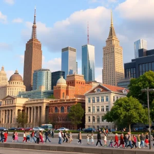 Illustration of city landmarks symbolizing sanctuary cities and immigration policies