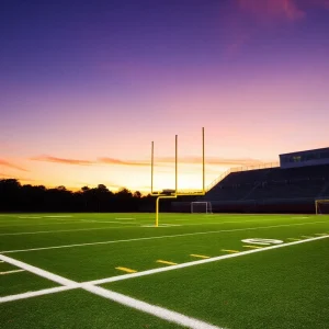 D.W. Daniel High School football field during sunset