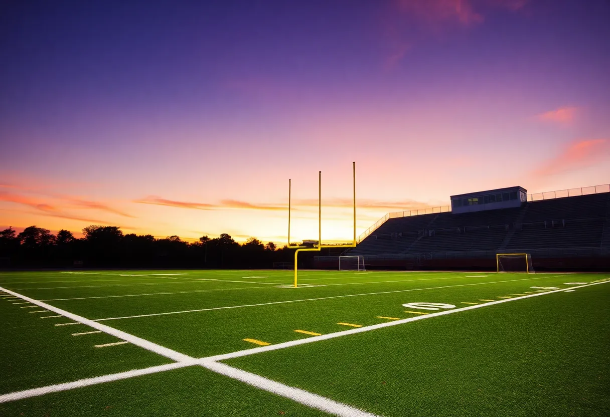 D.W. Daniel High School football field during sunset