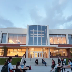 Exterior view of H. H. Dow High School showcasing its architecture and environment