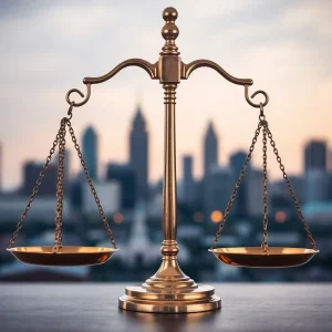 Abstract representation of justice scales with a city skyline