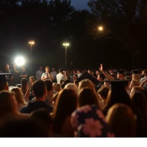 Crowd fleeing a graduation party disrupted by gunfire