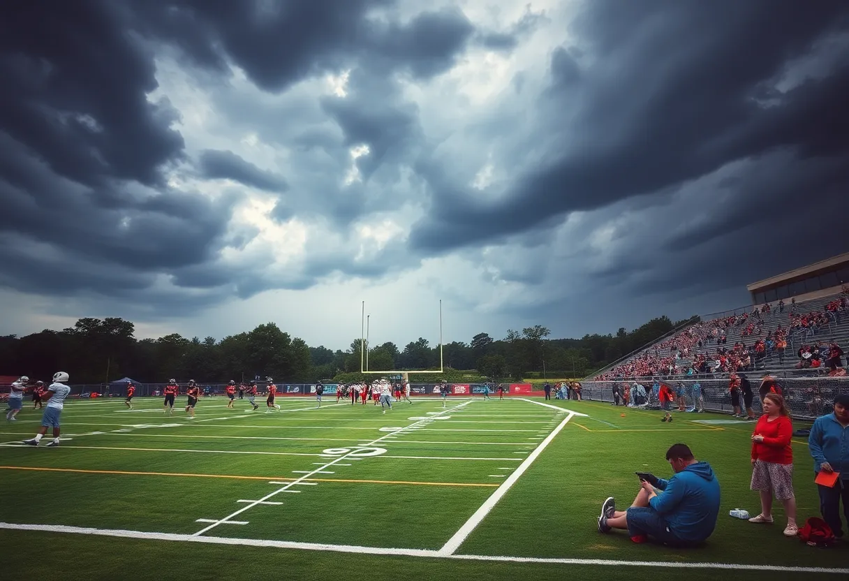 Players warming up on the football field under cloudy skies