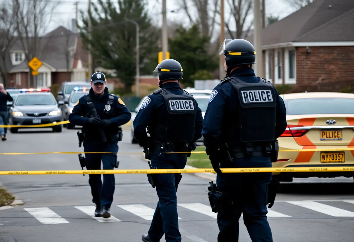 Law enforcement officers reacting to a crime scene in a community setting.