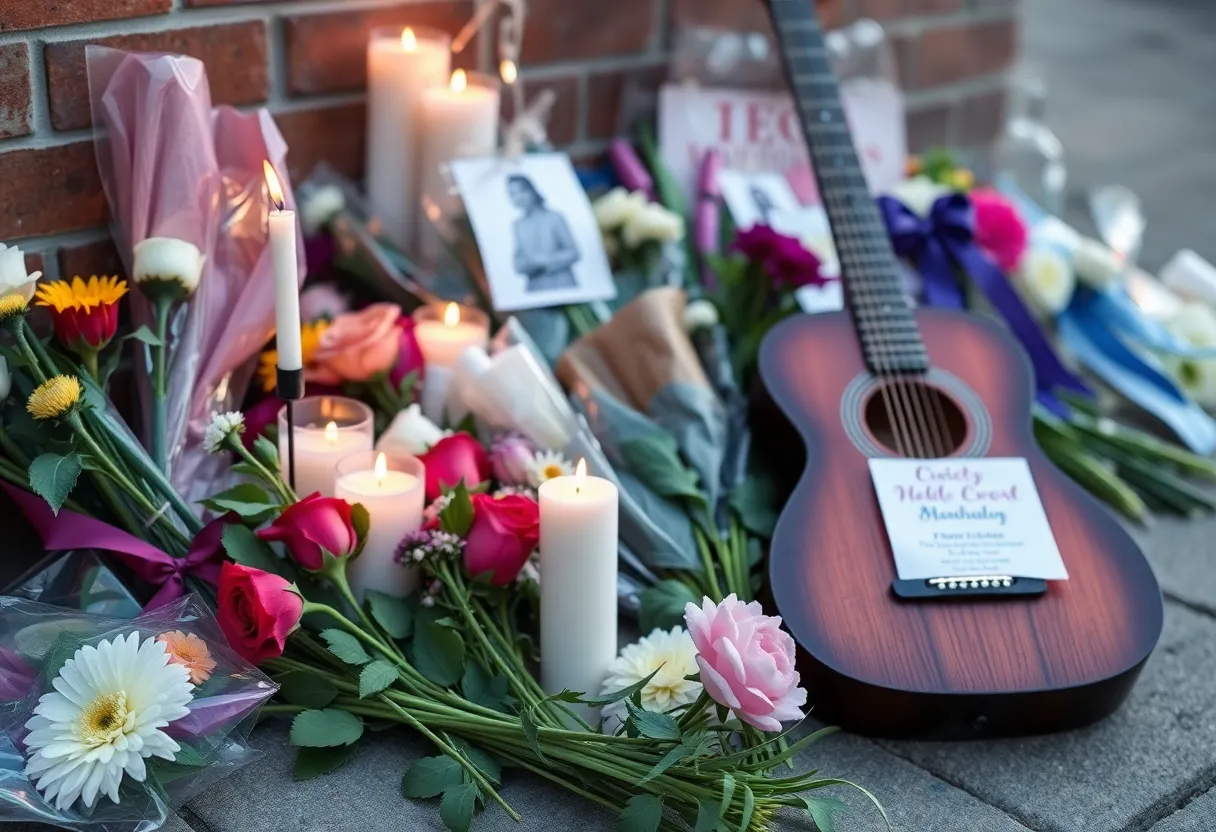 A touching memorial display for a beloved community member, featuring flowers and a guitar.