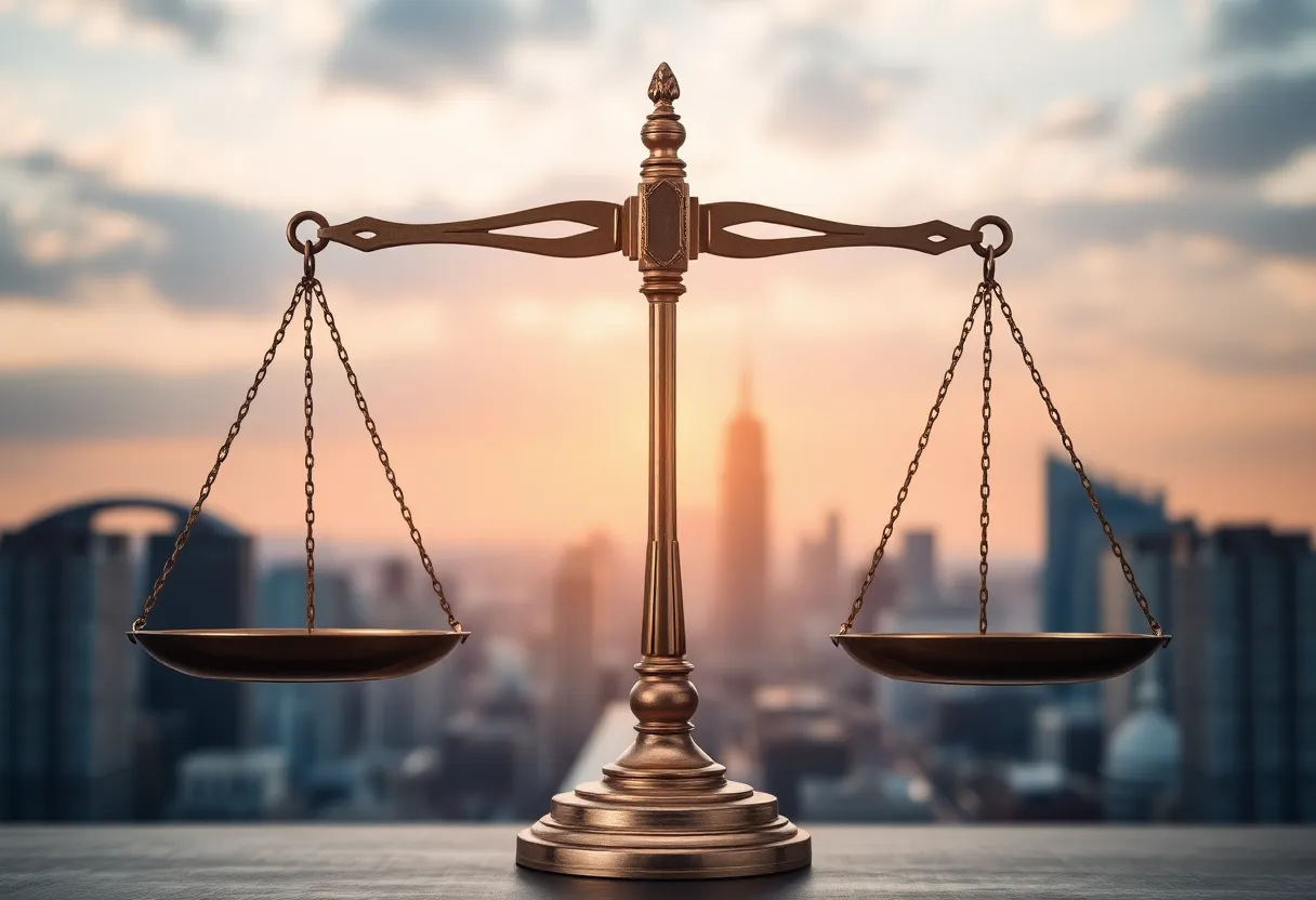 Representational image of justice scales in front of a city skyline.