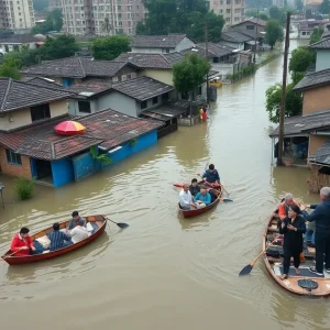 Flooded streets in northern China with rescue operations ongoing.