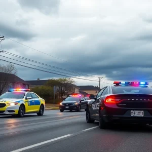 Police cars in pursuit during a standoff situation.