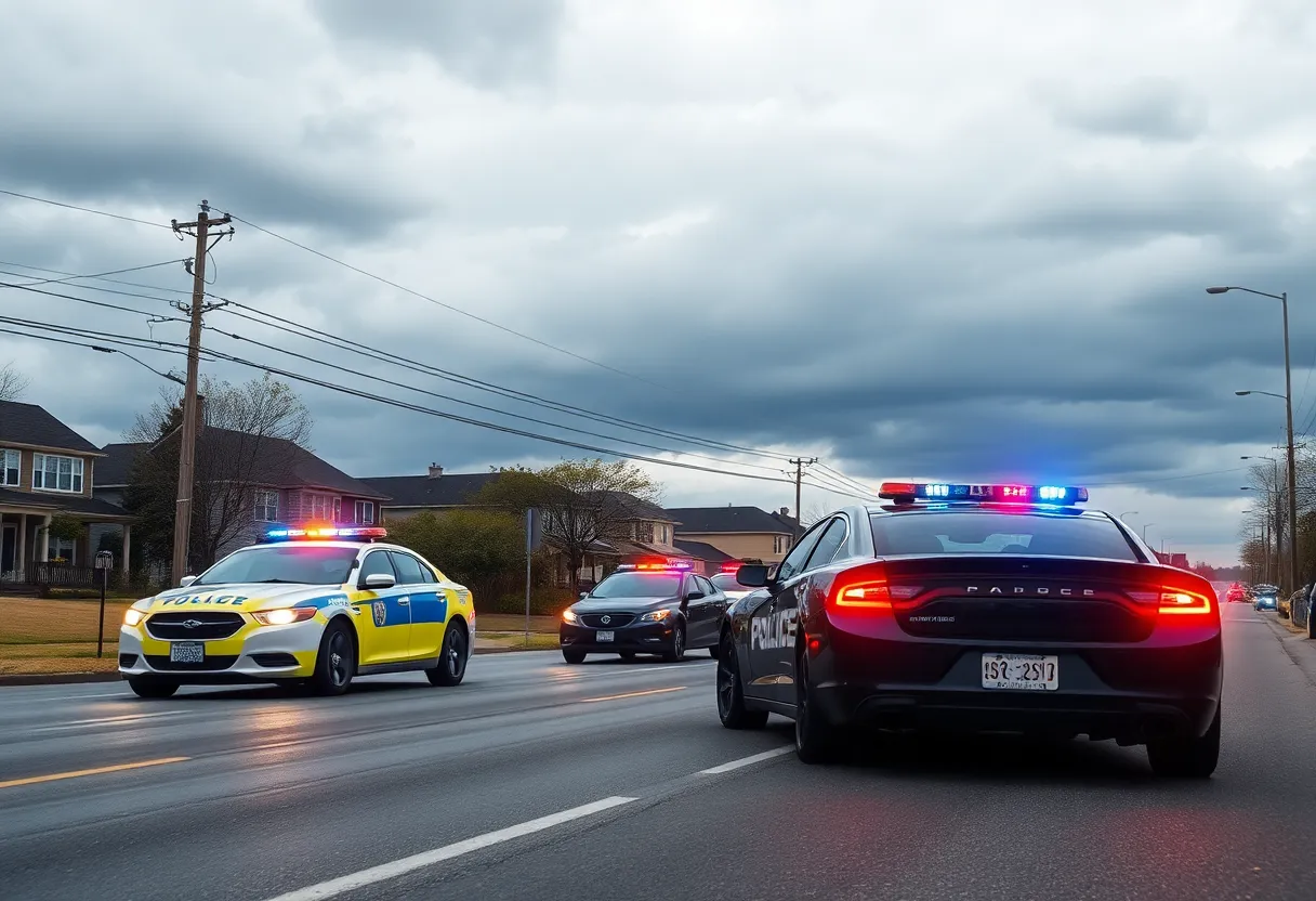 Police cars in pursuit during a standoff situation.