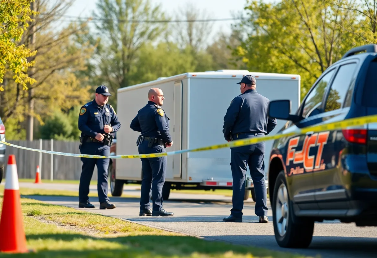 Law enforcement officers conducting an investigation at a trailer theft scene in Ware Shoals.