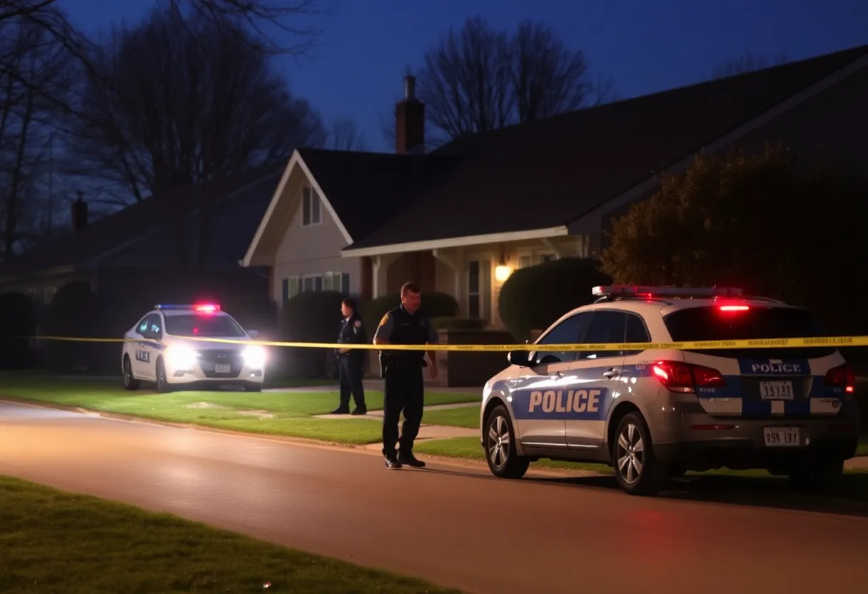 Police car at night in a neighborhood after a stabbing incident.