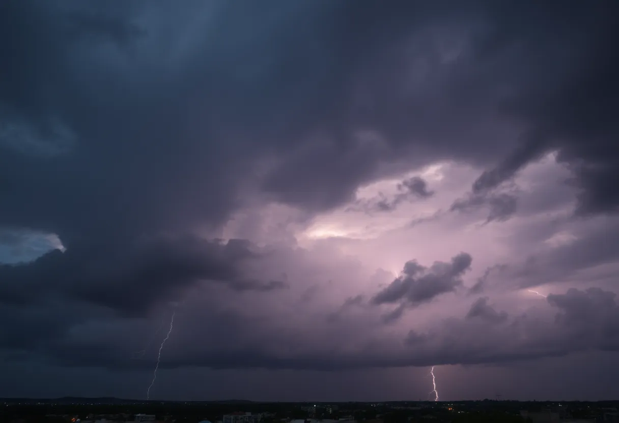 Dark storm clouds with flashes of lightning over city skyline
