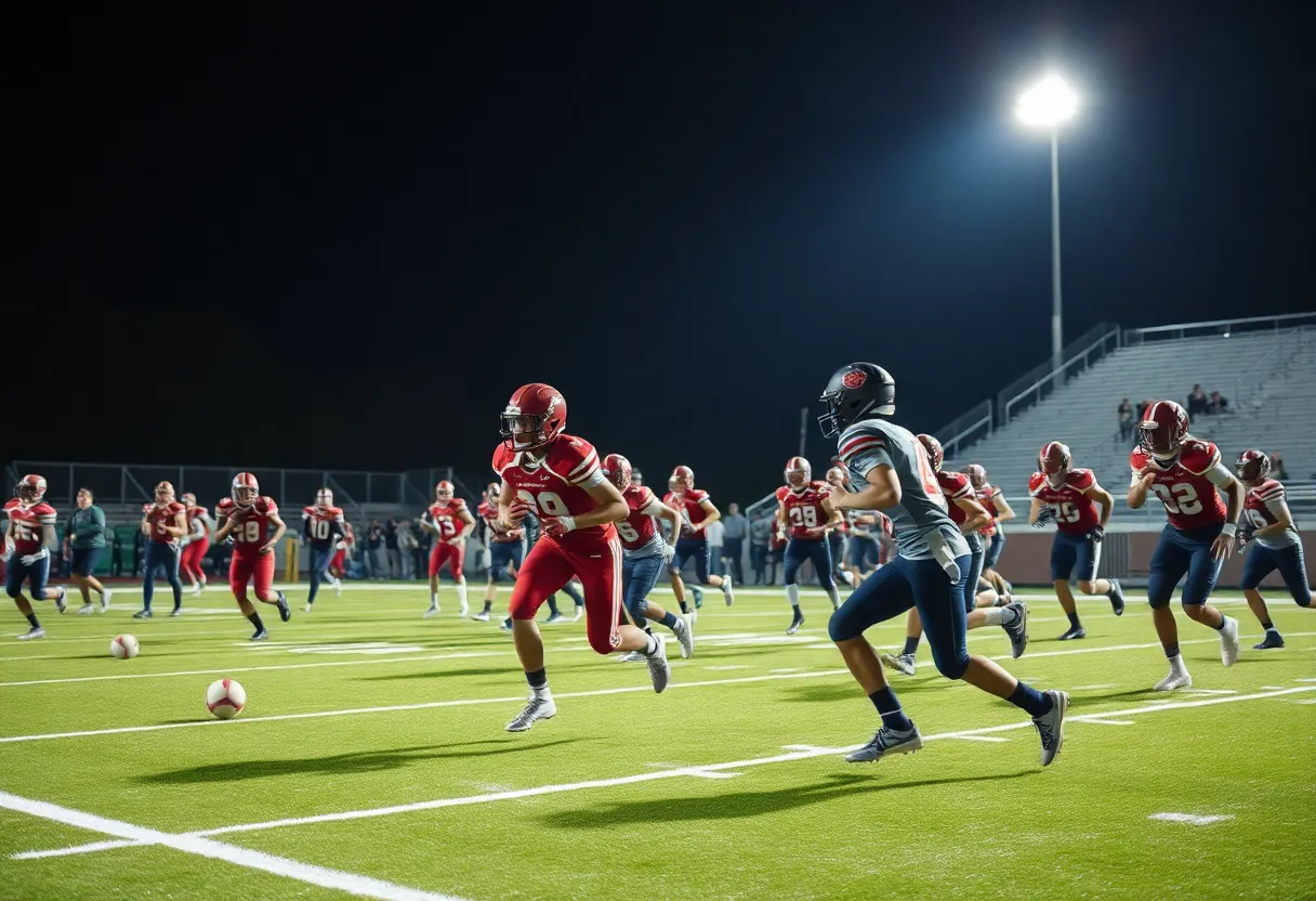 High school football players in action during a game under stadium lights