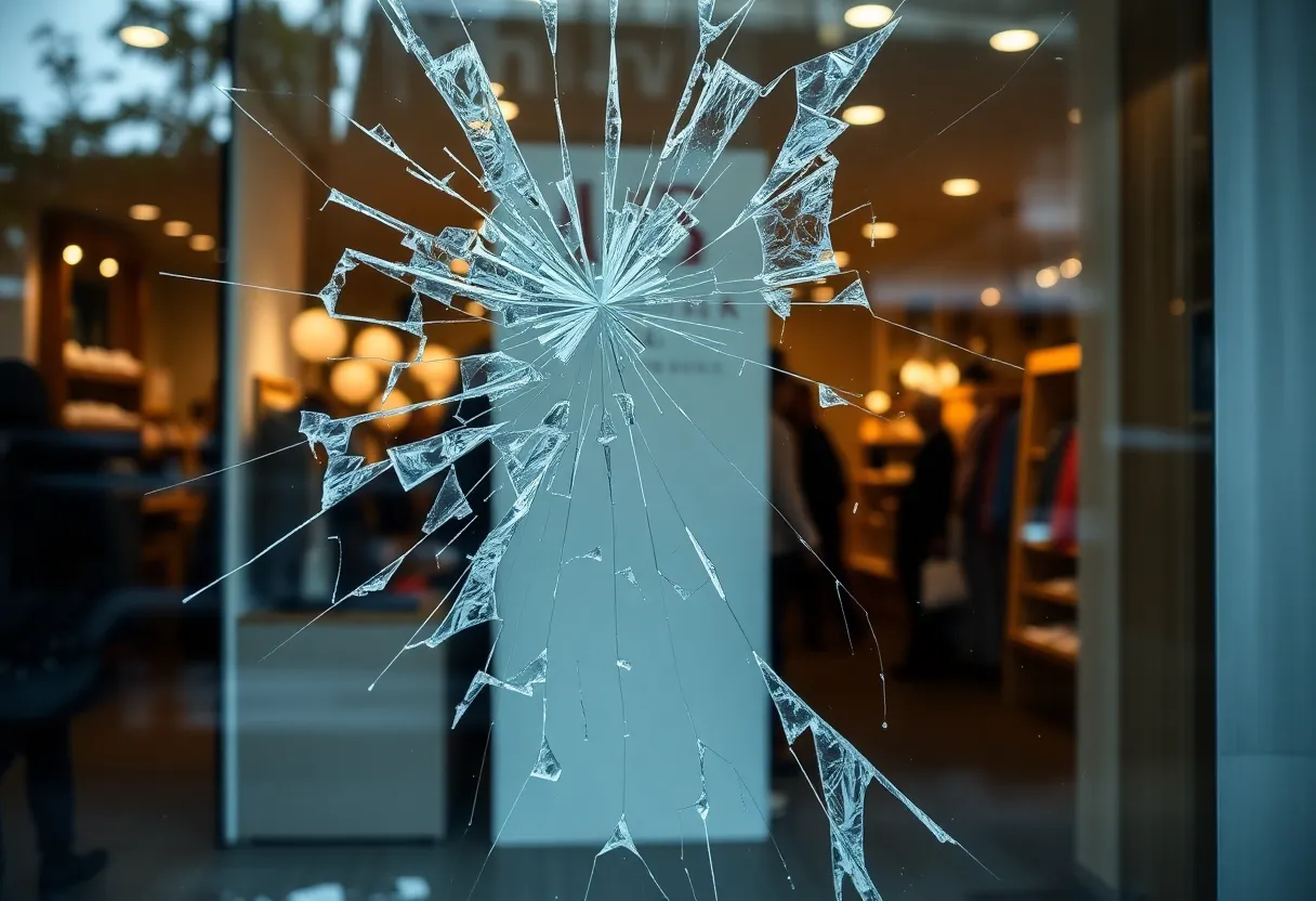 Broken window and interior damage at Tapestry Inc.