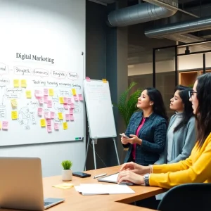 A collaborative team working on marketing strategies utilizing behavioral economics concepts.