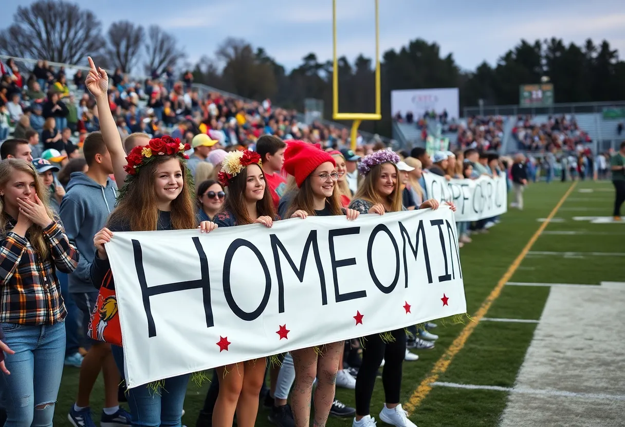 Thornwell Charter School students celebrating homecoming with banners and cheers at a football game.