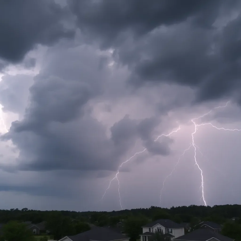 Thunderstorm clouds with lightning over a Western Carolinas neighborhood.