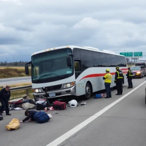 Scene of a tour bus accident on a highway with emergency responders.