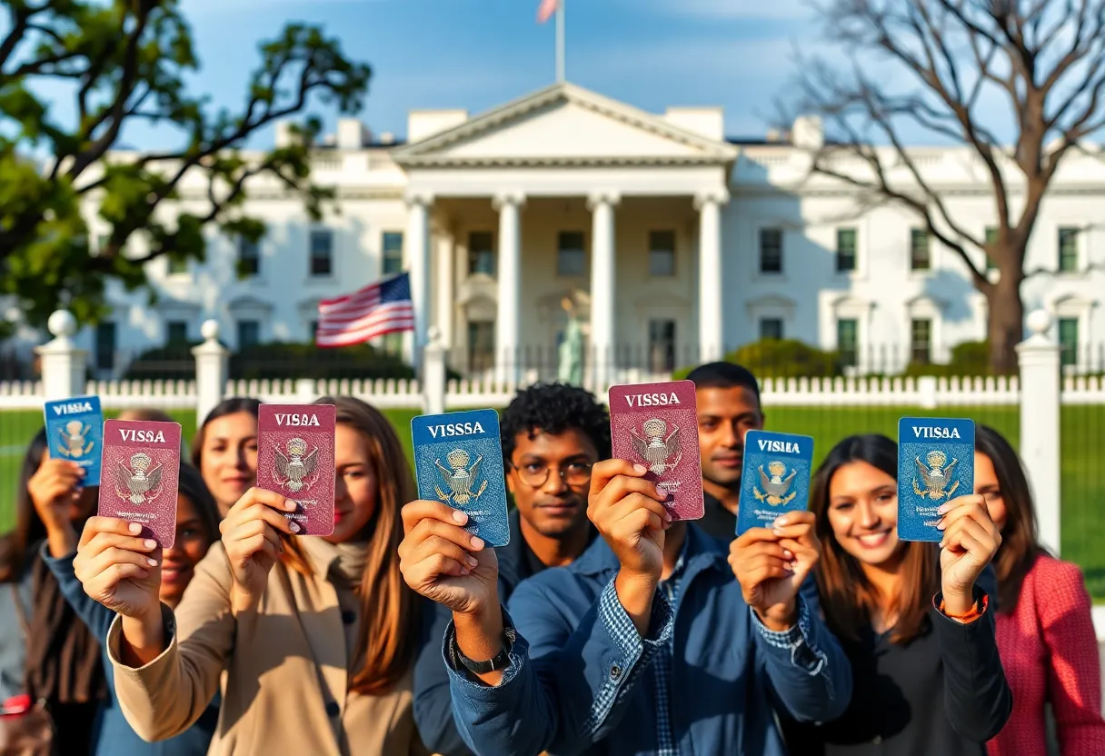 Diverse visa holders in front of the White House during the immigration policy review.