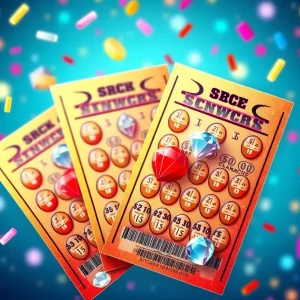 Illustration of colorful lottery scratch-off tickets with diamonds and confetti.