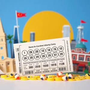 Lottery ticket on a table with South Carolina scenery in the background