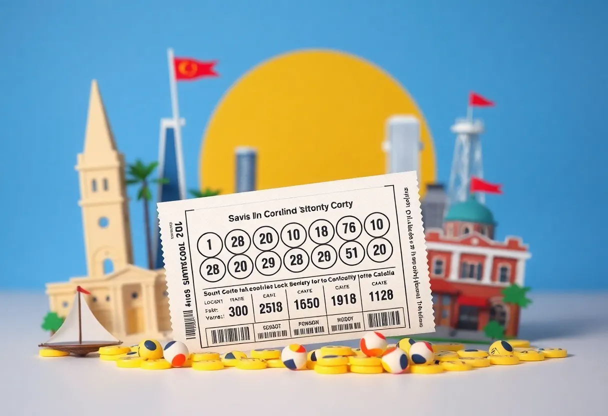 Lottery ticket on a table with South Carolina scenery in the background