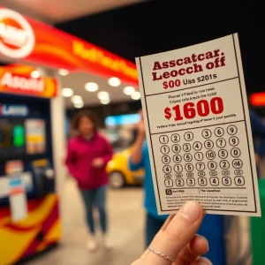 Gas station scene with individuals celebrating a lottery win.