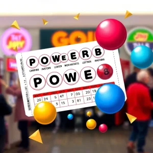 A colorful Powerball lottery ticket surrounded by lottery balls