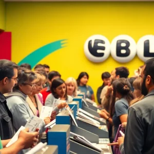 Players purchasing lottery tickets at a busy counter for the Powerball lottery