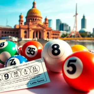 Lottery balls and a lottery ticket with Columbia, South Carolina scenery.