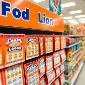 Lottery tickets on display at a supermarket