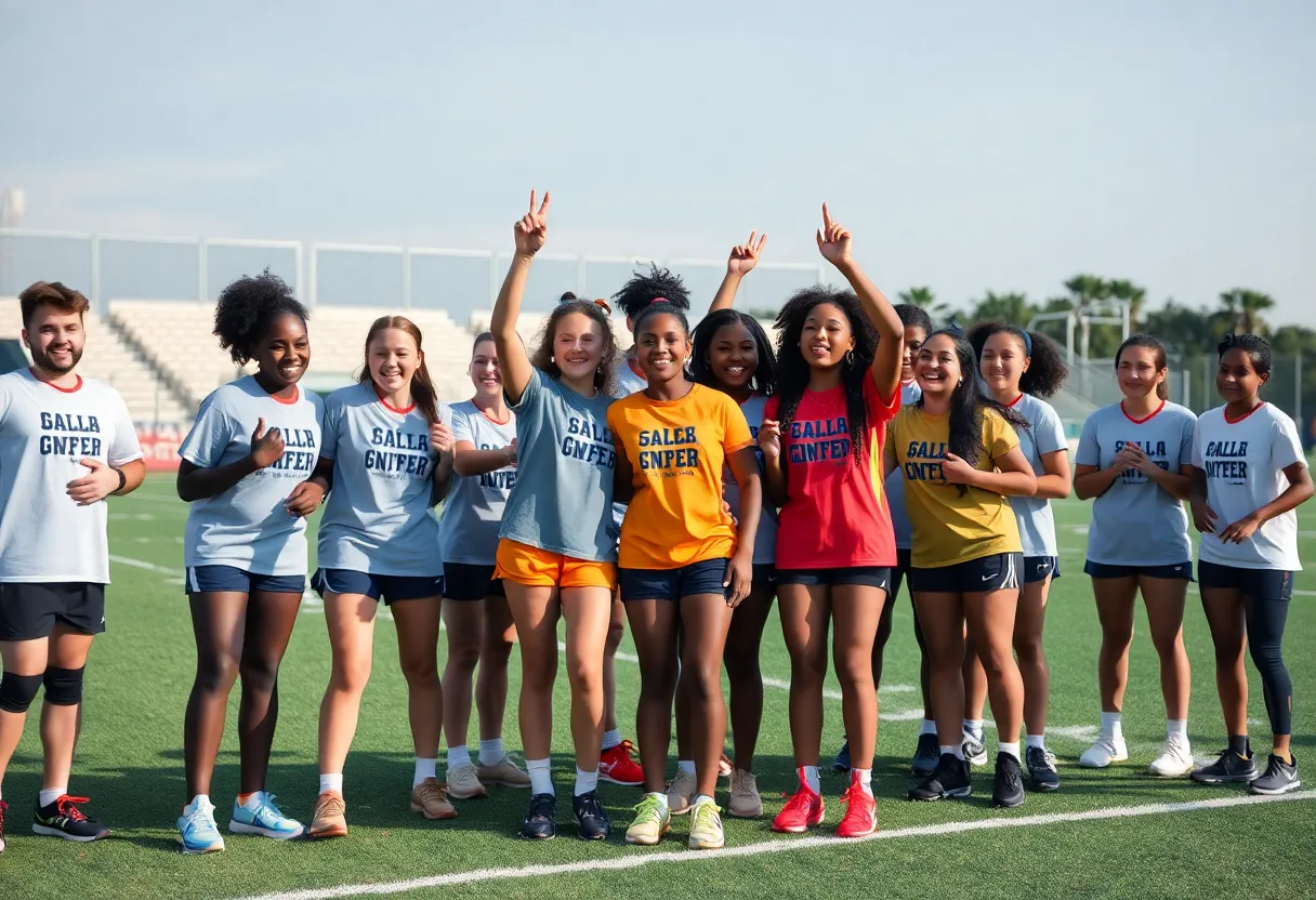 High school athletes celebrating together on the sports field