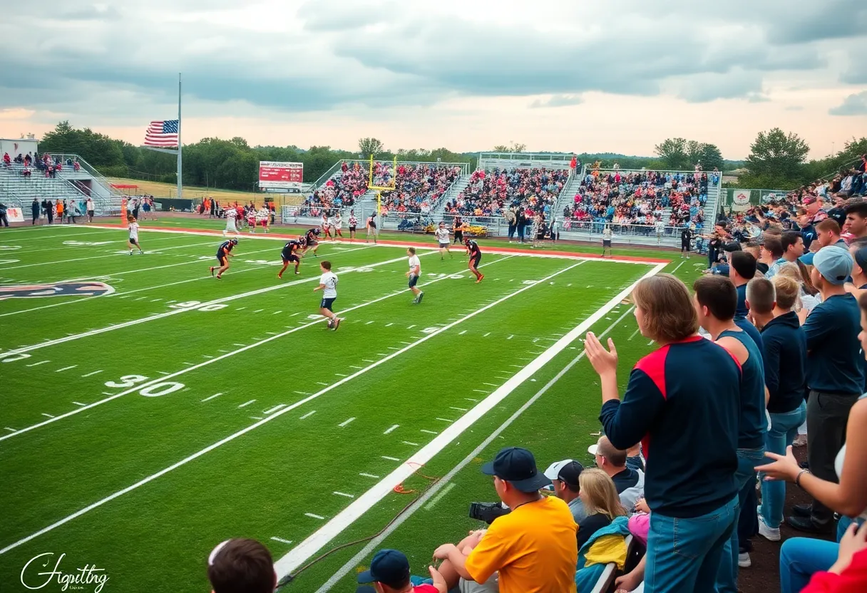 High school football game with players in action